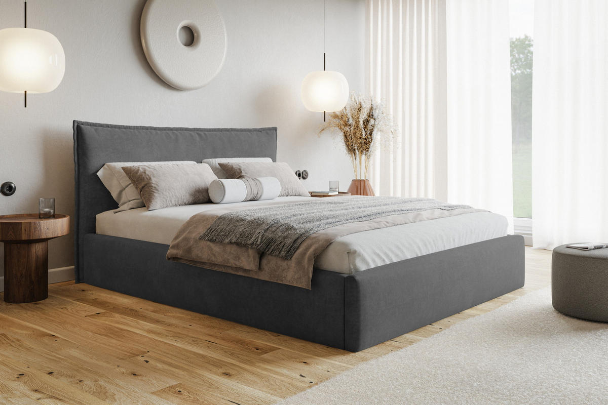 POLSTERBETT 140x200 cm Zenito Slim mit Kissen-Kopfteil, Bettkasten, Dunkelgrau - Dunkelgrau, Holz/Textil (140/200cm) - Emporius