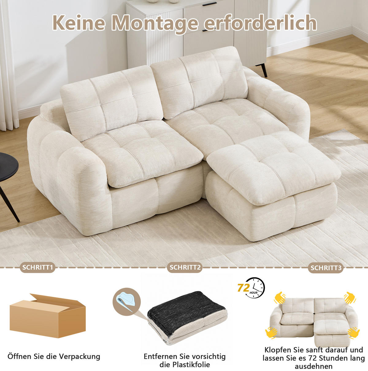 SOFA 194/160/68 cm in Beige mit Chenille-Bezug und Hocker - Beige, Textil (160/68/194cm) - Flora Grace