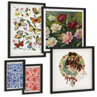 BILDER SET 5er Set - 50x50 cm & 20x30 cm & 40x60 cm Schwarzer Rahmen - Vintage-Blumen-Schmetterlings-Ornamente - Schwarz, Kunststoff (40/60cm) - TULUP