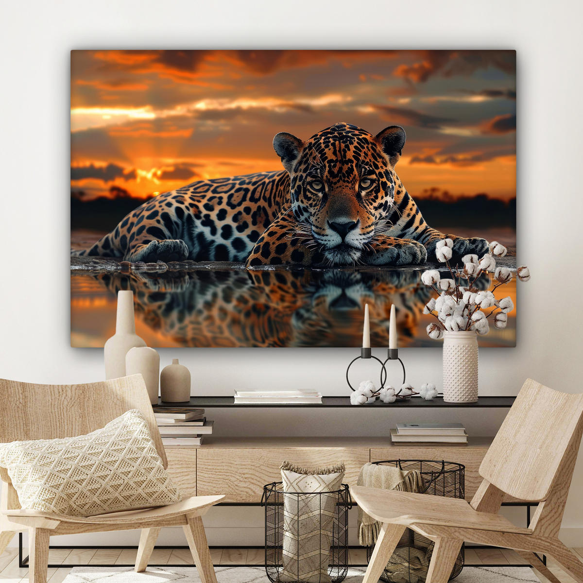 LEINWANDBILD Natur - Leopard - Tier - Sonnenuntergang - Modern Groß 140x90 cm - Orange, Textil (140/90cm) - MuchoWow