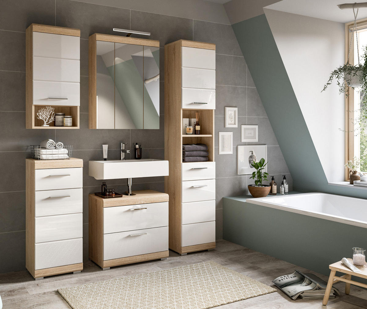 BADMÖBEL-SET weiß Hochglanz, Eiche 2-teilig 60 cm, Badezimmerschränke - Weiß Hochglanz/Eichefarben, Glas/Holzwerkstoff (60/191/37cm) - Inn.Furn