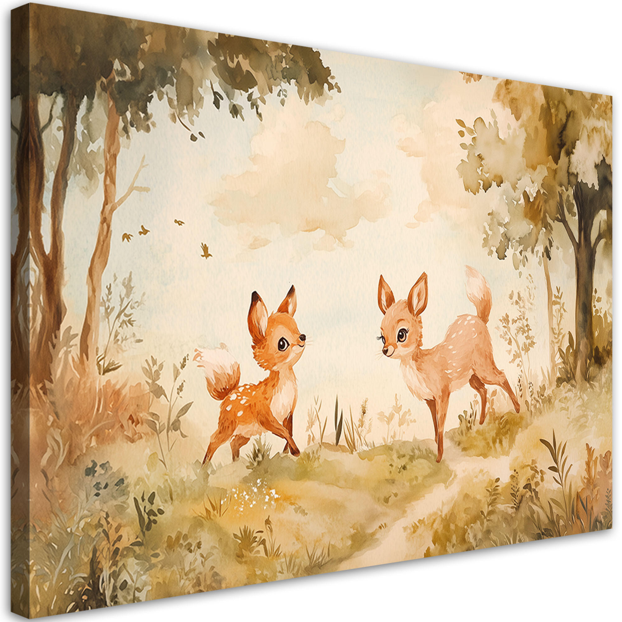 LEINWANDBILD Lein Hirschtiere im Wald Beige 90x60cm - Beige, Textil (90/60cm) - Feeby