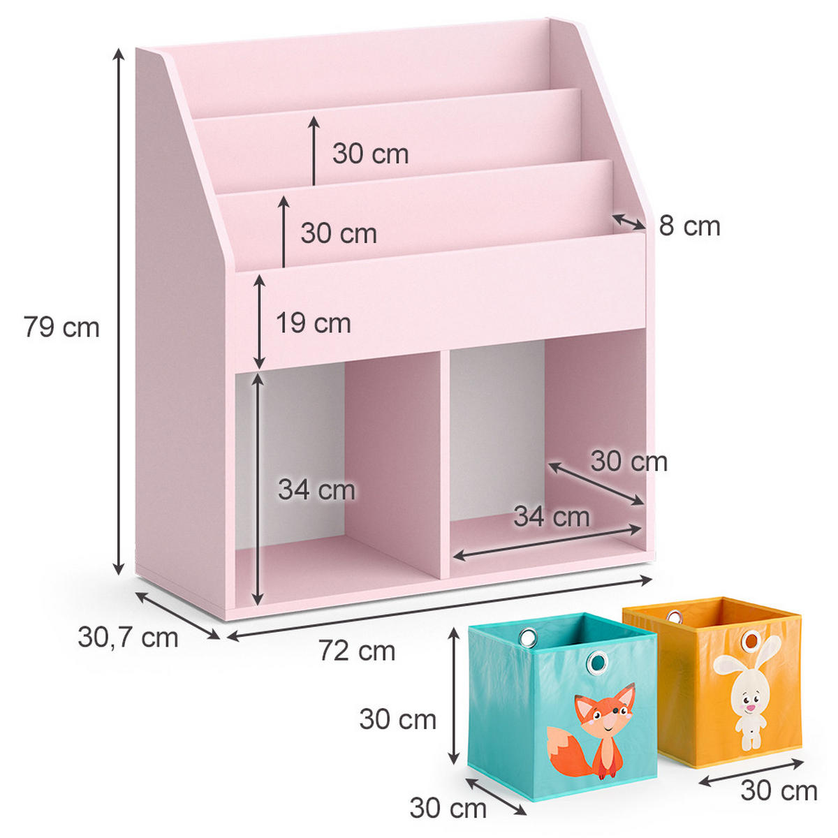 KINDERREGAL Luigi Rosa 72 x 79 cm mit 2 Faltboxen (Fuchs, Hase) - Pink, Holzwerkstoff (72/79/30.7cm) - Vicco