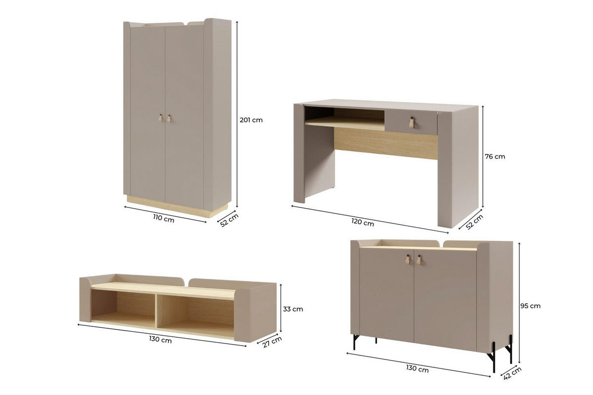 JUGENDZIMMER-SET SOVI D 4-teilig in Porcini / Eiche Mavelie - Eichefarben/Braun, Holzwerkstoff (360/201/52cm) - Deine Möbel 24