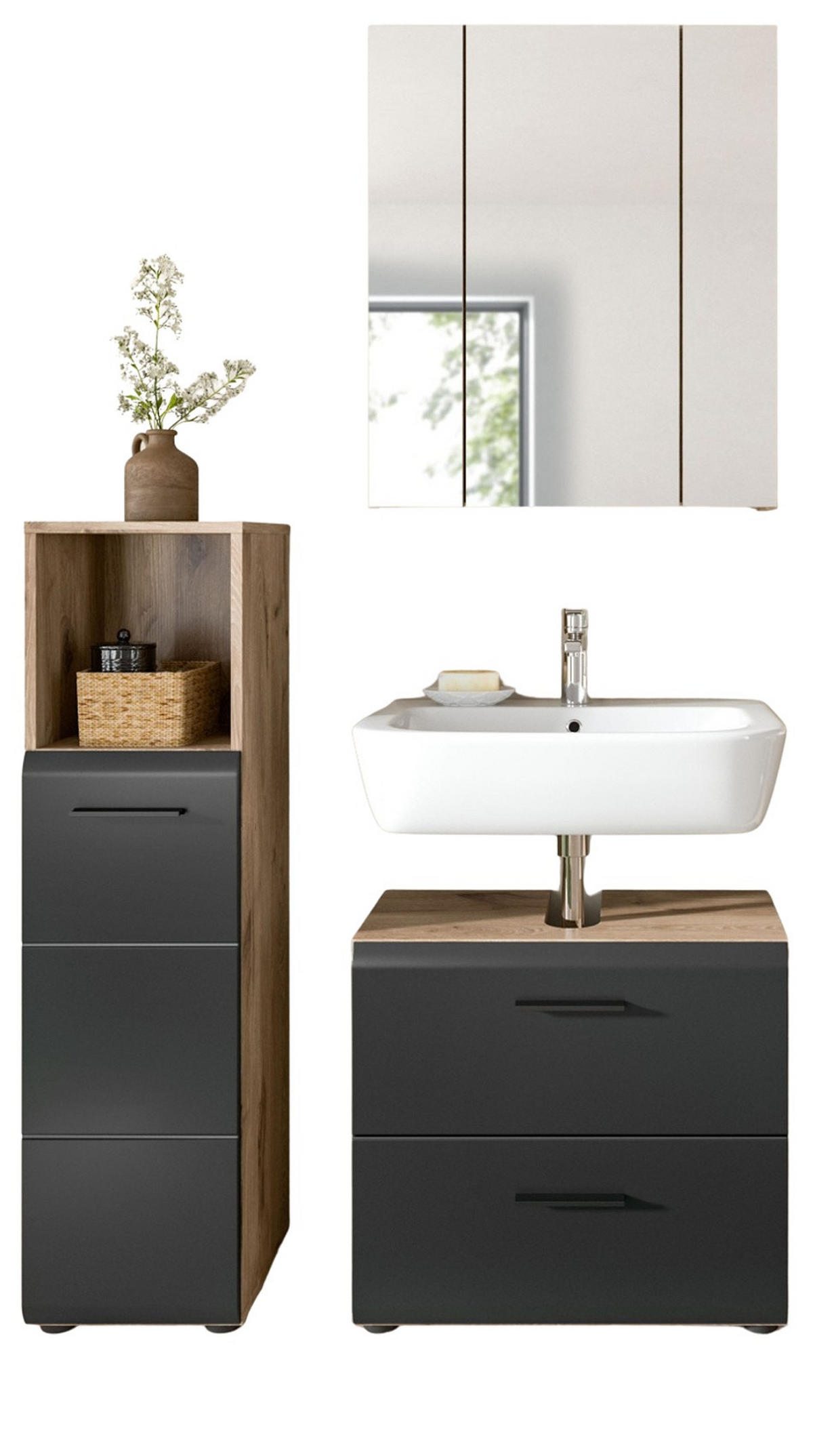 BADMÖBEL-SET 3-teilig schwarz matt, Nox Eiche, Badkombination 105 x 185 cm - Eichefarben/Schwarz, Glas/Holzwerkstoff (105/185/30cm) - Inn.Furn