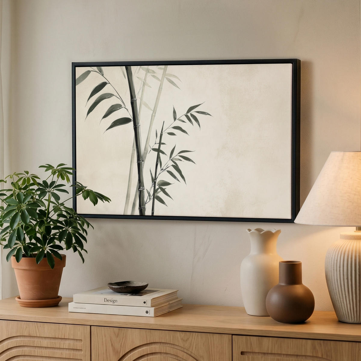 LEINWAND Bilder mit Rahmen - Japandi - Bambus - Beige - 60x40 - Eukalyptusholzfarben, Textil (60/40cm) - MuchoWow