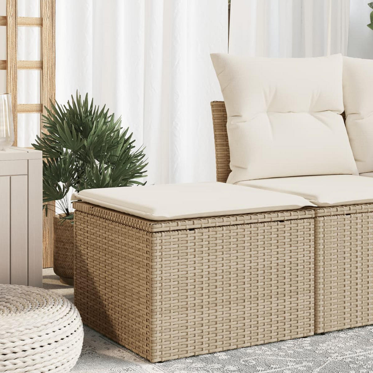 GARTENHOCKER Mit Kissen Beige 55/55/37 Cm Poly Rattan - Creme, Kunststoff (55/37/55cm) - vidaXL