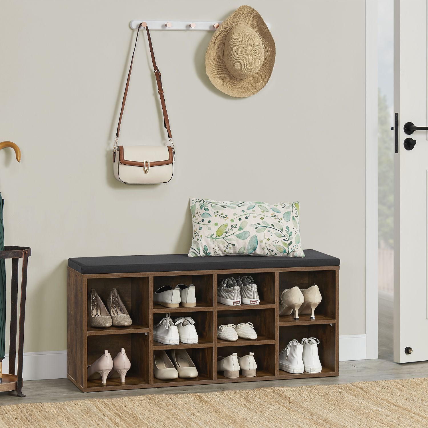 SCHUHREGAL mit Polsterung & 10 Fächern Antikbraun 104 x 30 x 48 cm - Braun, Holz (30/48/104cm) - Juskys