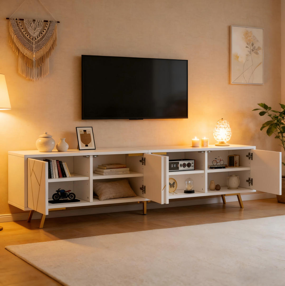TV STOLEK bílý se 4 dvířky a 5 kovovými nohami, do obývacího pokoje, pro TV do 85", 190 × 40 × 51,5 cm - bílá/zlatá, kov/kompozitní dřevo (190/51.5/40cm) - STILVORA