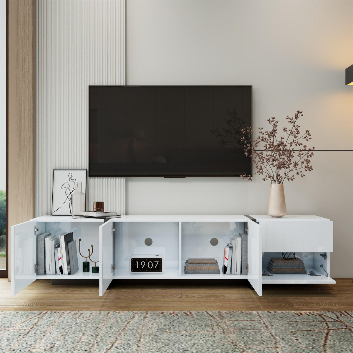 TV Lowboard LED 170x30x39 cm, Hochglanz, schwarze Füße, Weiß - Weiß, Holz (170/39/30cm)