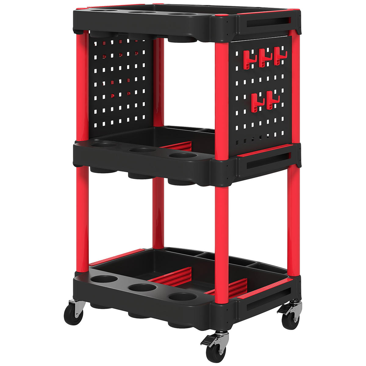 WERKZEUGWAGEN DE-09498 3 Regale mit 10 Haken Rot - Rot, Kunststoff (47.5/89/56.5cm) - ComfortXL