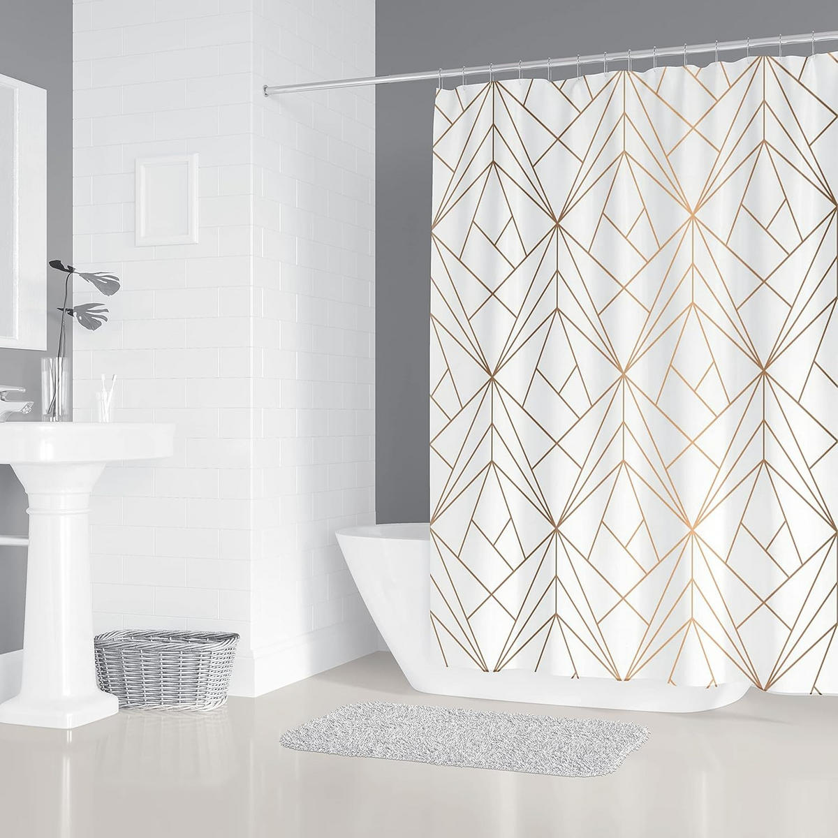 DUSCHVORHANG Gelb goldfarben Badezimmer schimmelresistent waschbar mit Ringen - Weiß, Textil (180/200cm) - MCBOSON