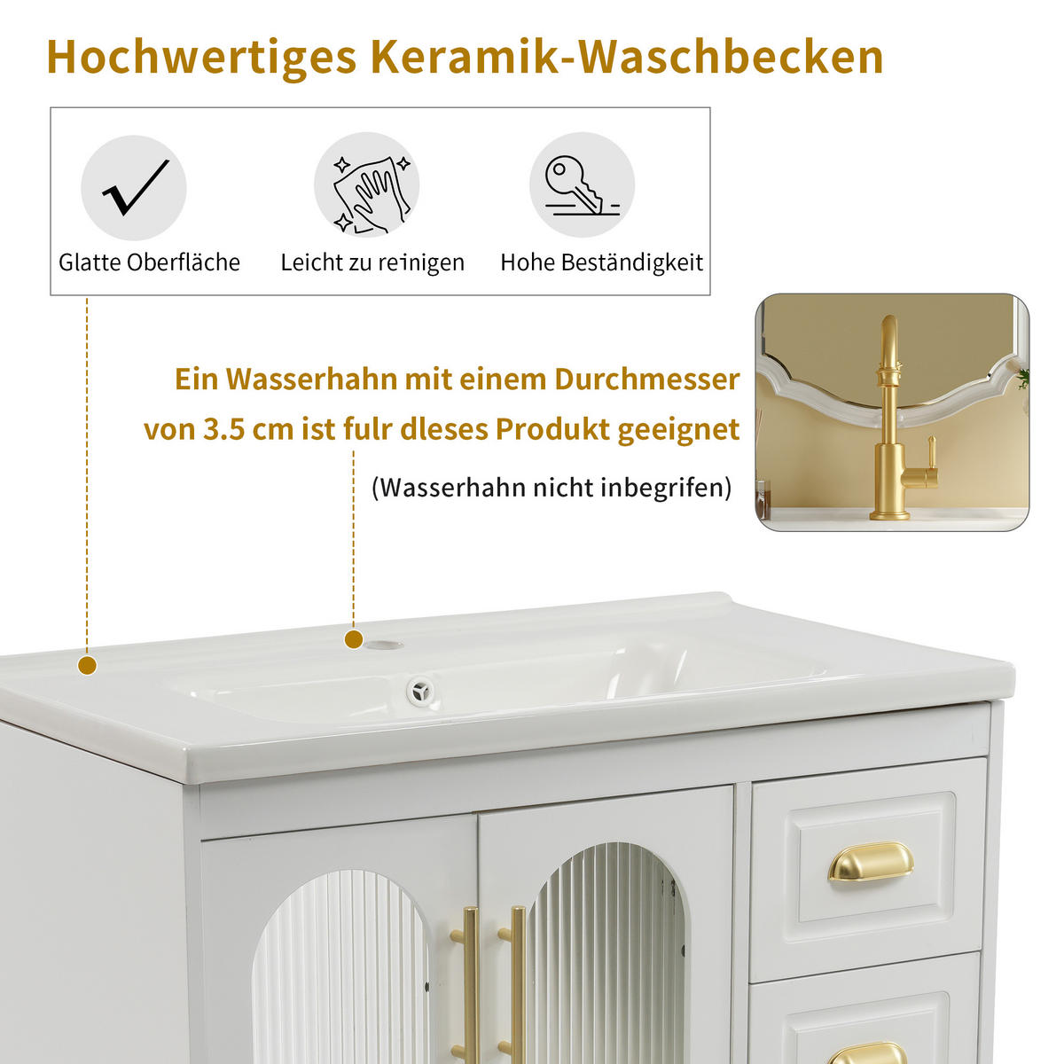 BADEZIMMERSCHRANK mit Becken 80x47x90 cm Weiß aus Porzellan & MDF mit 2 Schränken & 3 Schubladen - Weiß, Holzwerkstoff (80/90/47cm) - Modfu