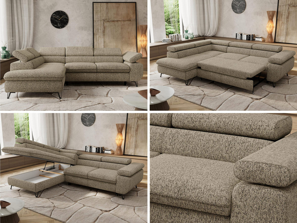 ECKSOFA PABLO L Dunkelbeige Struktur - Links Seite mit Visco Topper - Greige/Schwarz, Textil/Metall (208/273cm) - MKS