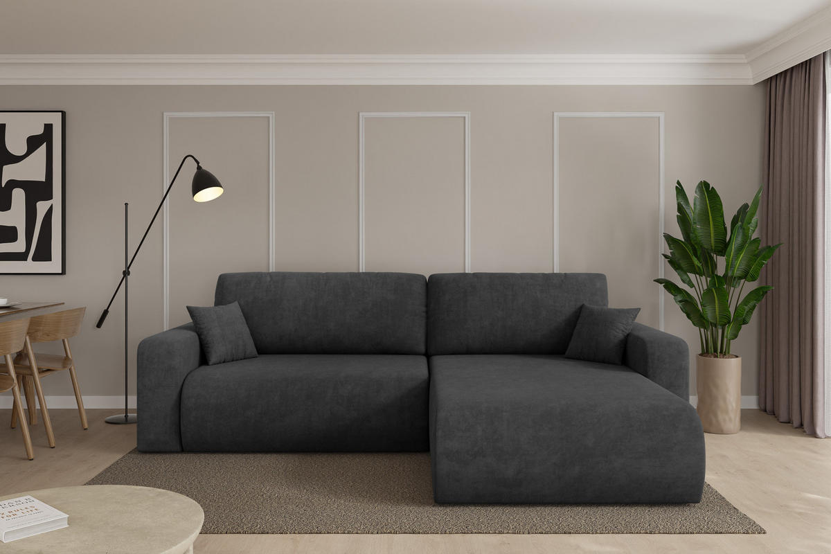 ROHOVÁ SEDAČKA s funkcí spaní, otoman vpravo BERY-L 276x193x88 tmavě šedá velur - černá/antracitová, kompozitní dřevo/textil (276/193cm) - ALTDECOR