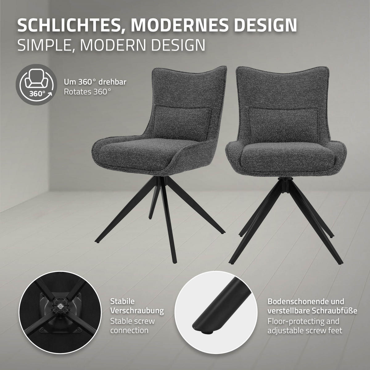 ESSZIMMERSTÜHLE 2er Set drehbar Küchenstühle gepolstert mit Webstoff-Bezug Anthrazit - Anthrazit/Schwarz, Textil/Metall (54/90/64cm) - ML-DESIGN