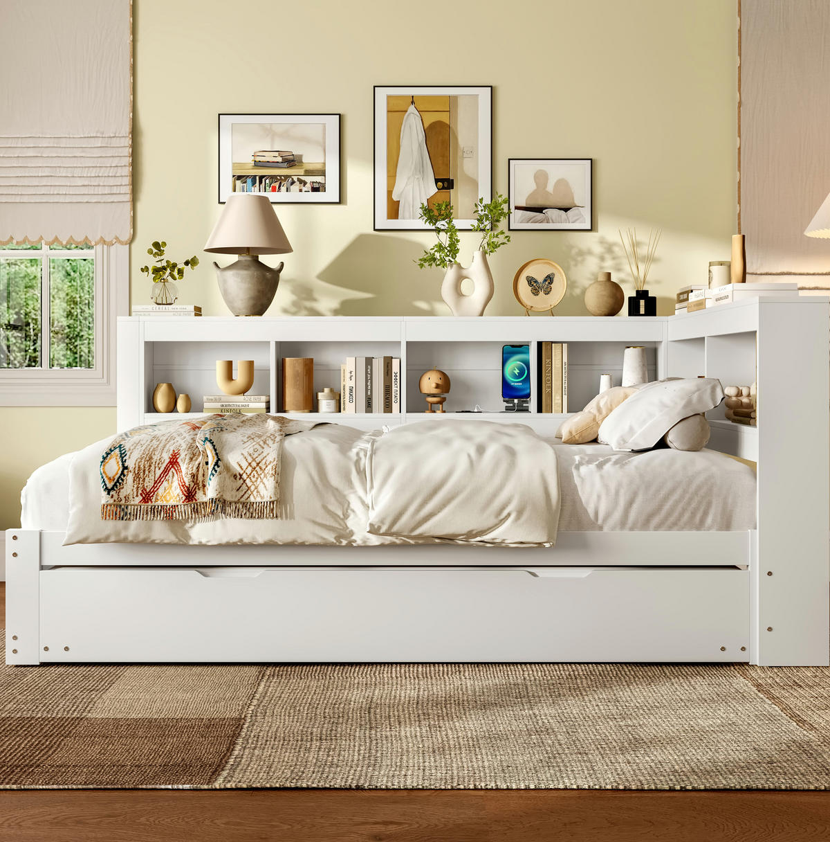 BETT aus Kiefer und MDF 140x200 cm Weiß mit ausziehbarem Rollbett, 2 Schubladen, Steckdose und 2 USB-Anschlüssen - Weiß, Holzwerkstoff (140/200cm) - Modfu