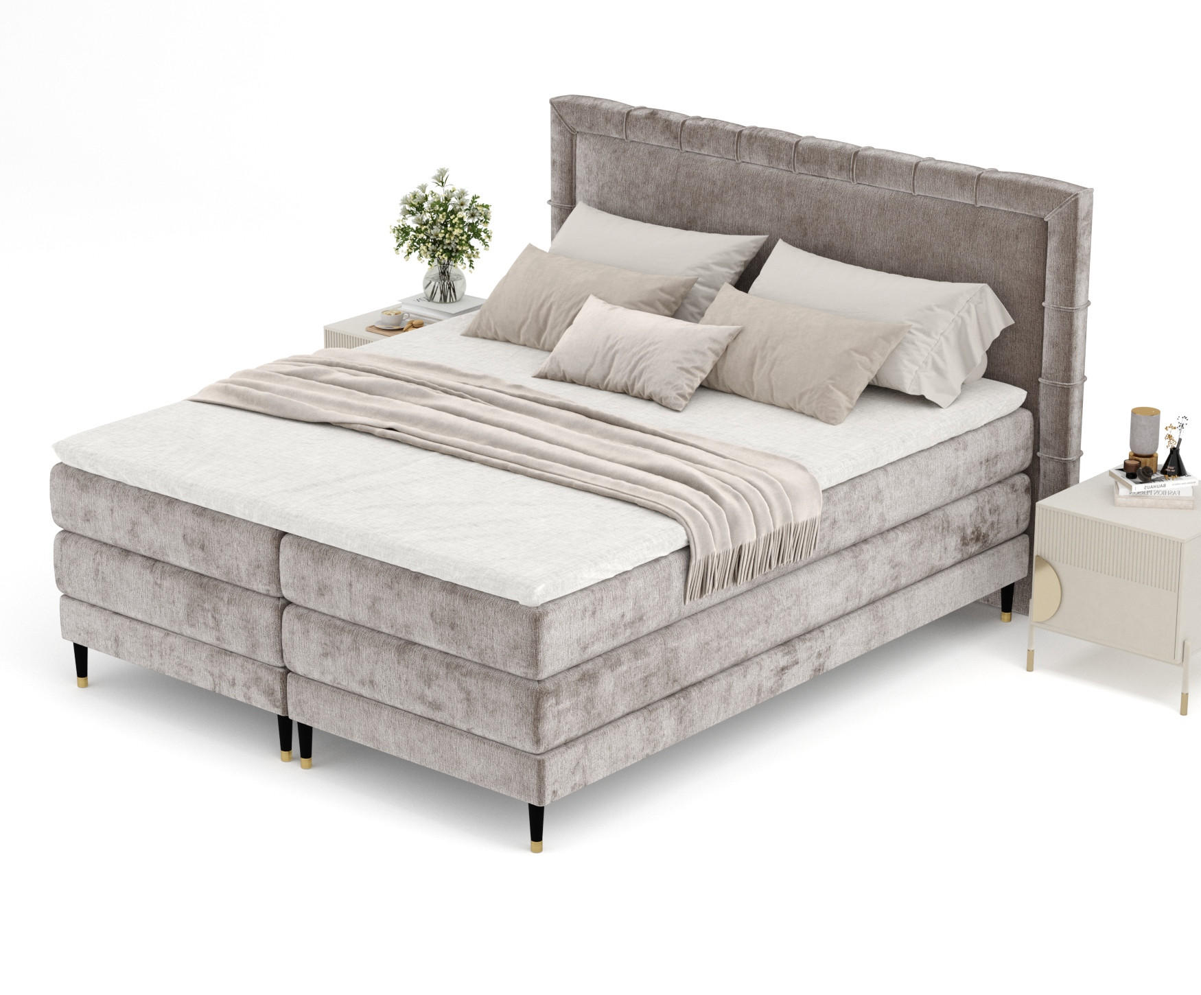 BOXSPRINGBETT Rimini Beige 160/200 cm mit Matratze und Topper - Beige/Schwarz, Holz/Holzwerkstoff (160/200cm) - Maison de Reve