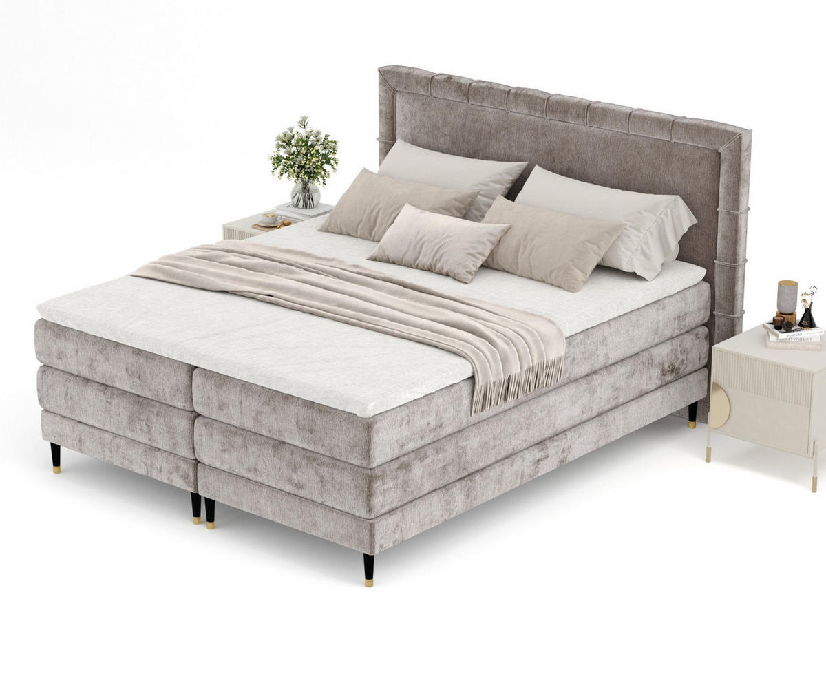 BOXSPRINGBETT Rimini Beige 200/200 cm mit Matratze und Topper - Beige/Schwarz, Holz/Holzwerkstoff (200/200cm) - Maison de Reve