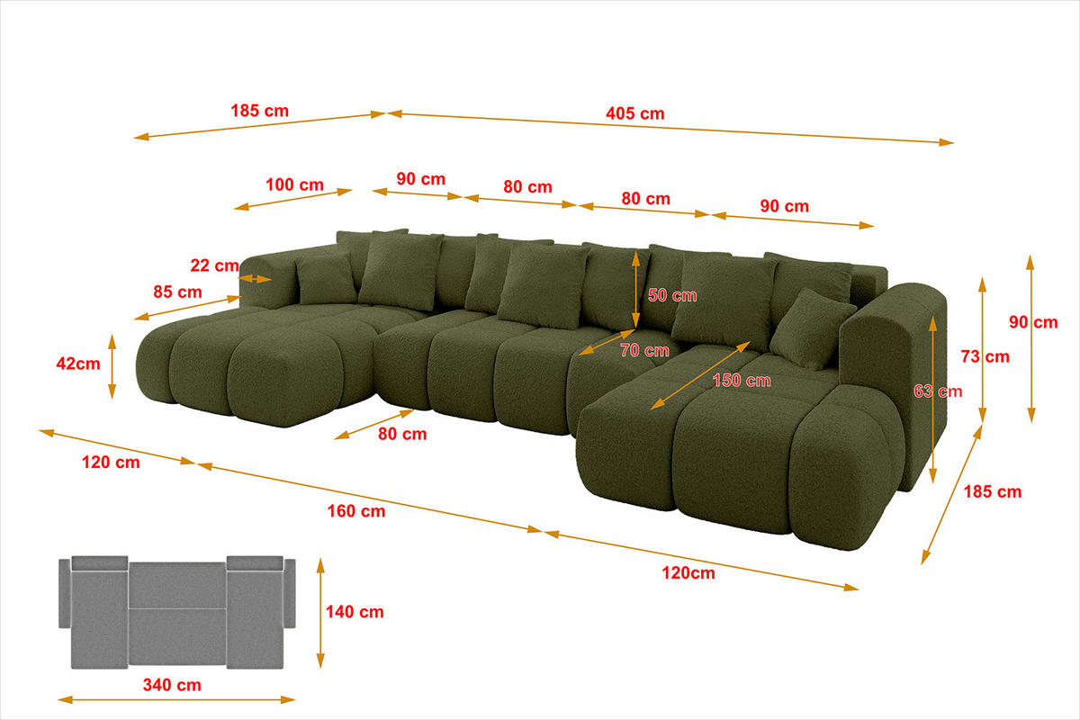 WOHNLANDSCHAFT CLOUD-U-v1 405x185x90 Grün Bouclé - Grün, Holzwerkstoff/Kunststoff (405/90/185cm) - ALTDECOR