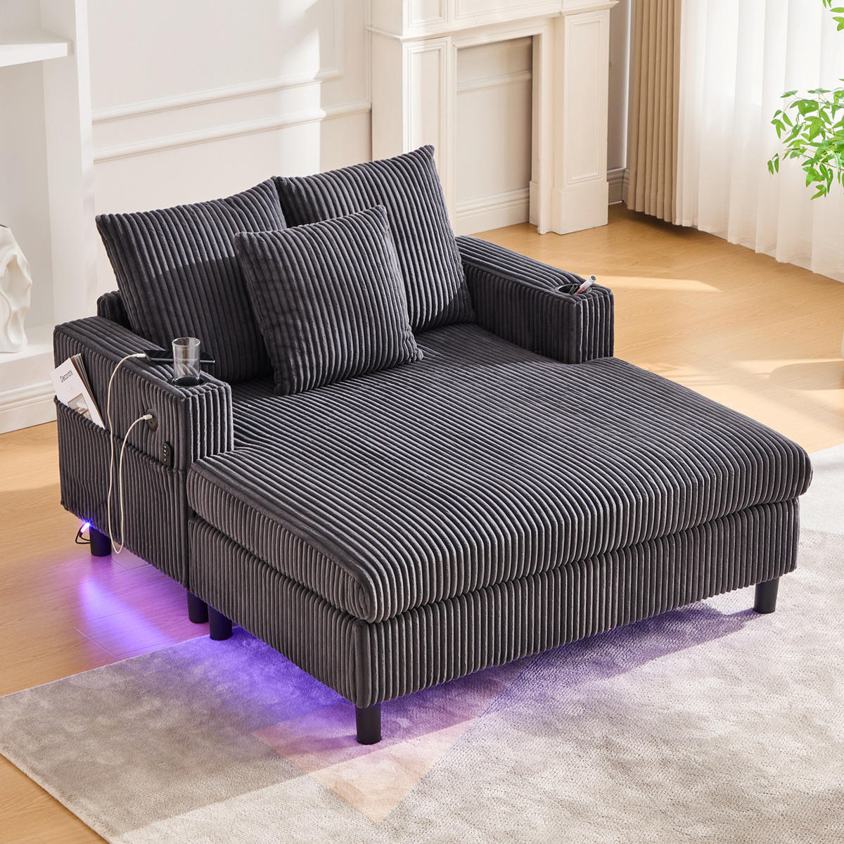SCHLAFSOFA,SCHLAFCOUCH Grau, Cordbezug mit Beleuchtung&USB und Getränkehalter - Grau, Textil (142/85/128cm) - PARAFTA HOME