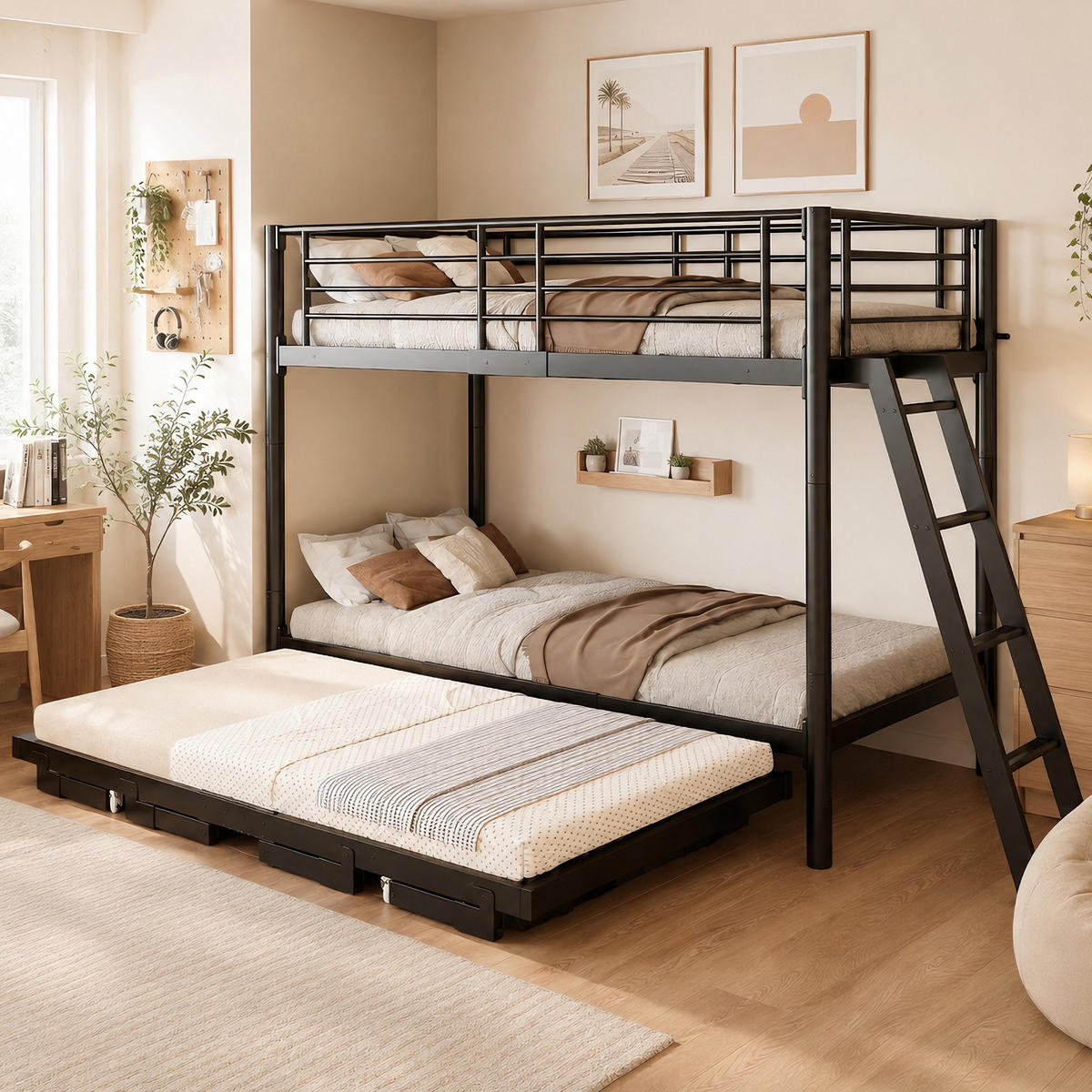 METALL-ETAGENBETT 90 x 200 mit Ausziehbett, Schwarz - Schwarz, Holz (90/200cm) - FLIEKS