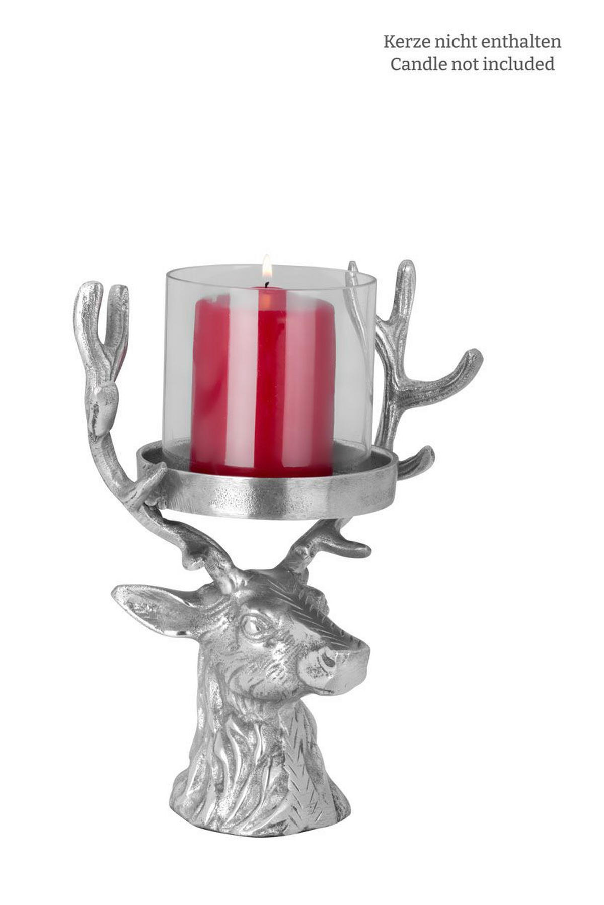 WINDLICHT Hirschkopf Aluminium H 28 cm, Glas Ø 12,5 cm - Silberfarben, Paraffin (21/15/28cm) - Hermann Bauer jun. Kollektion GmbH