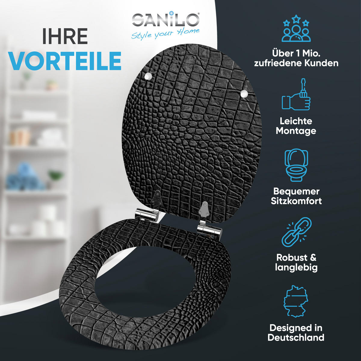 WC Sitz mit Absenkautomatik Leder - Schwarz, Holzwerkstoff (38/6/47cm) - Sanilo