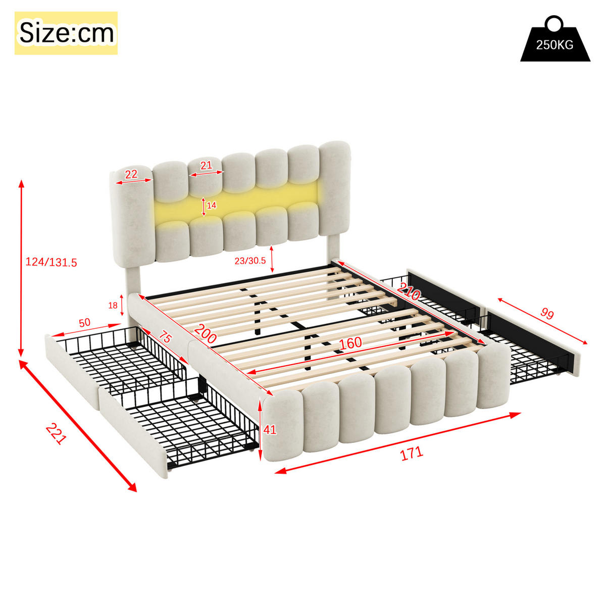 POLSTERBETT mit 4 Schubladen 160x200 cm Samt Beige mit LED, USB und Lautsprechern - Beige, Metall (160/200cm) - Meubliv