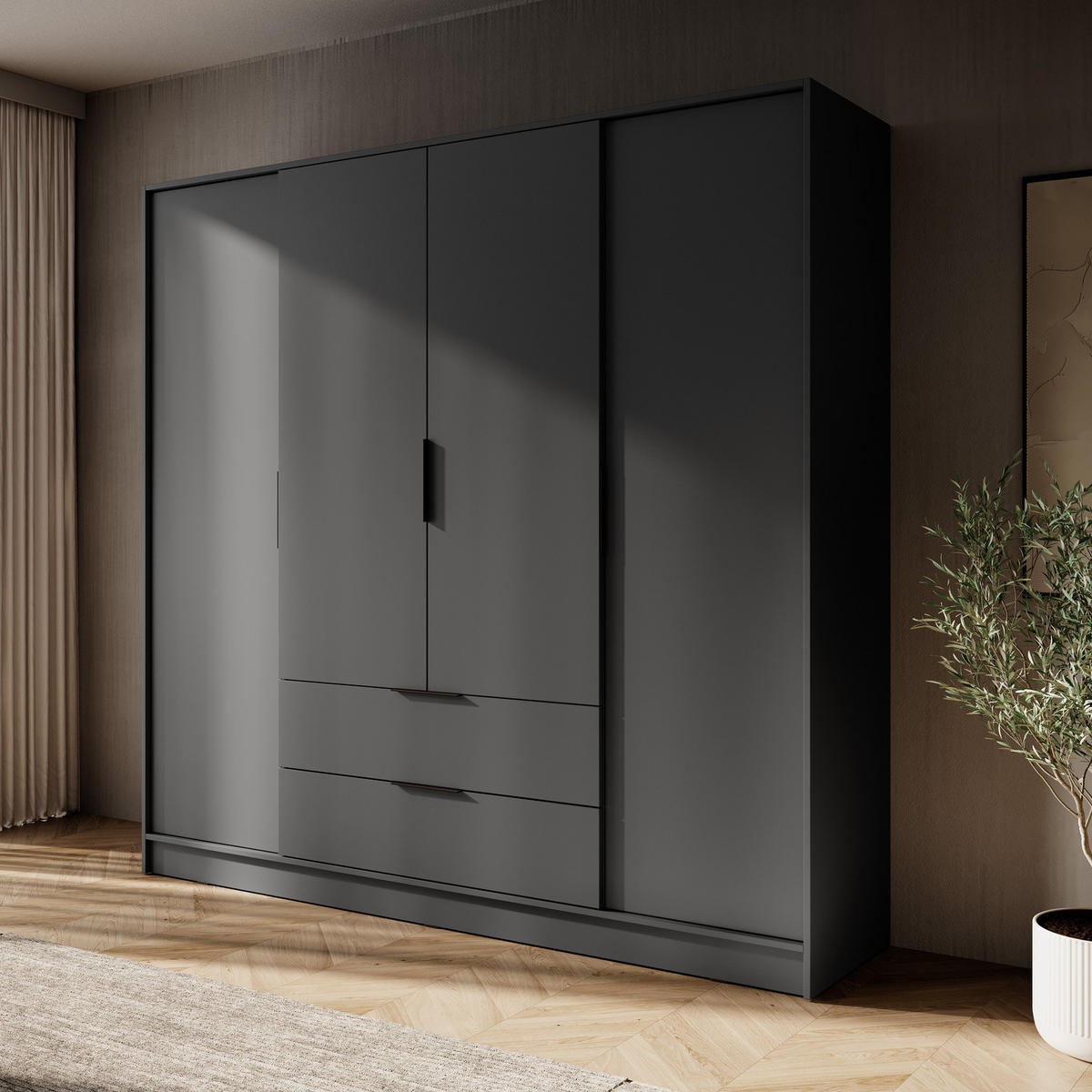 GROSSER Kleiderschrank RICADI 4D (Graphit, 4 Türen, 2 Schubladen, Kleiderstange, Kunststoffgriffe) - Schwarz/Graphitfarben, Holz/Holzwerkstoff (206/200/51cm) - Ravio