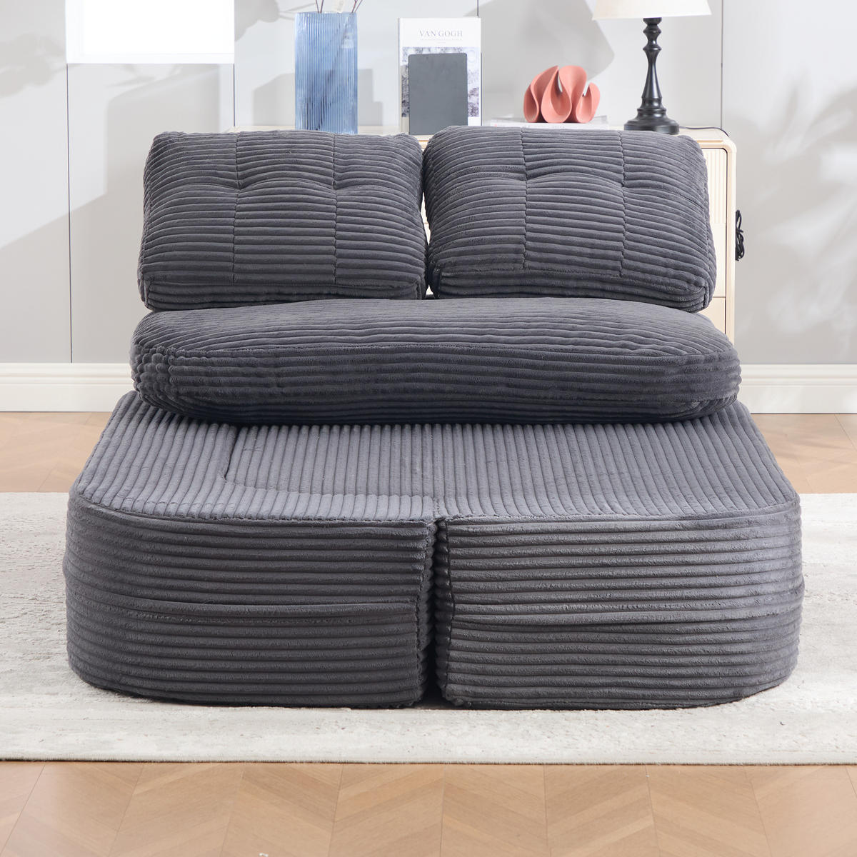 SOFA 2-in-1 mit Liegefunktion und Getränkehaltern aus Cord Dunkelgrau - Dunkelgrau, Textil (165/61/97cm) - EVRYAE