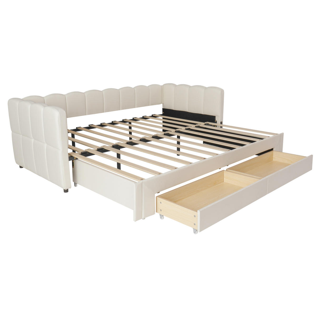 TAGESBETT 90/200 cm ausziehbar auf 180/200 cm mit 2 Schubladen, USB- und Typ-C-Anschluss, Leinenbezug, Beige - Beige, Textil (90/200cm) - Redom