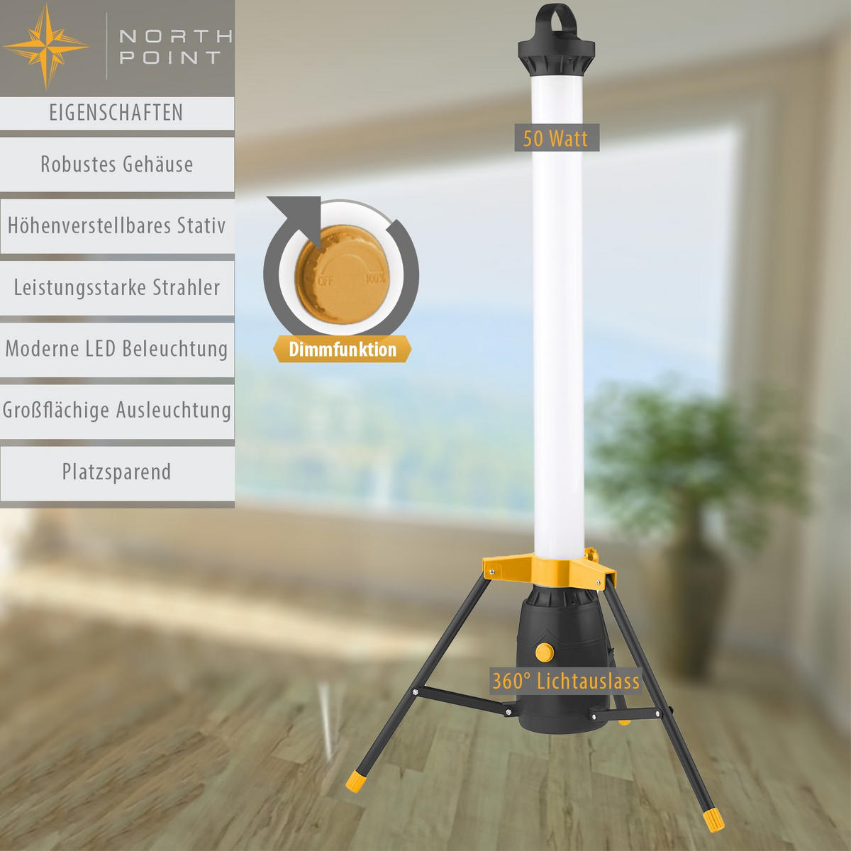LED-TURM-BAUSTRAHLER - 360° Lichtauslass für Innen- und Außenbereich, dimmbar, 110cm hoch, 2er-Set - Gelb/Schwarz, Kunststoff (57/57/123cm) - Northpoint