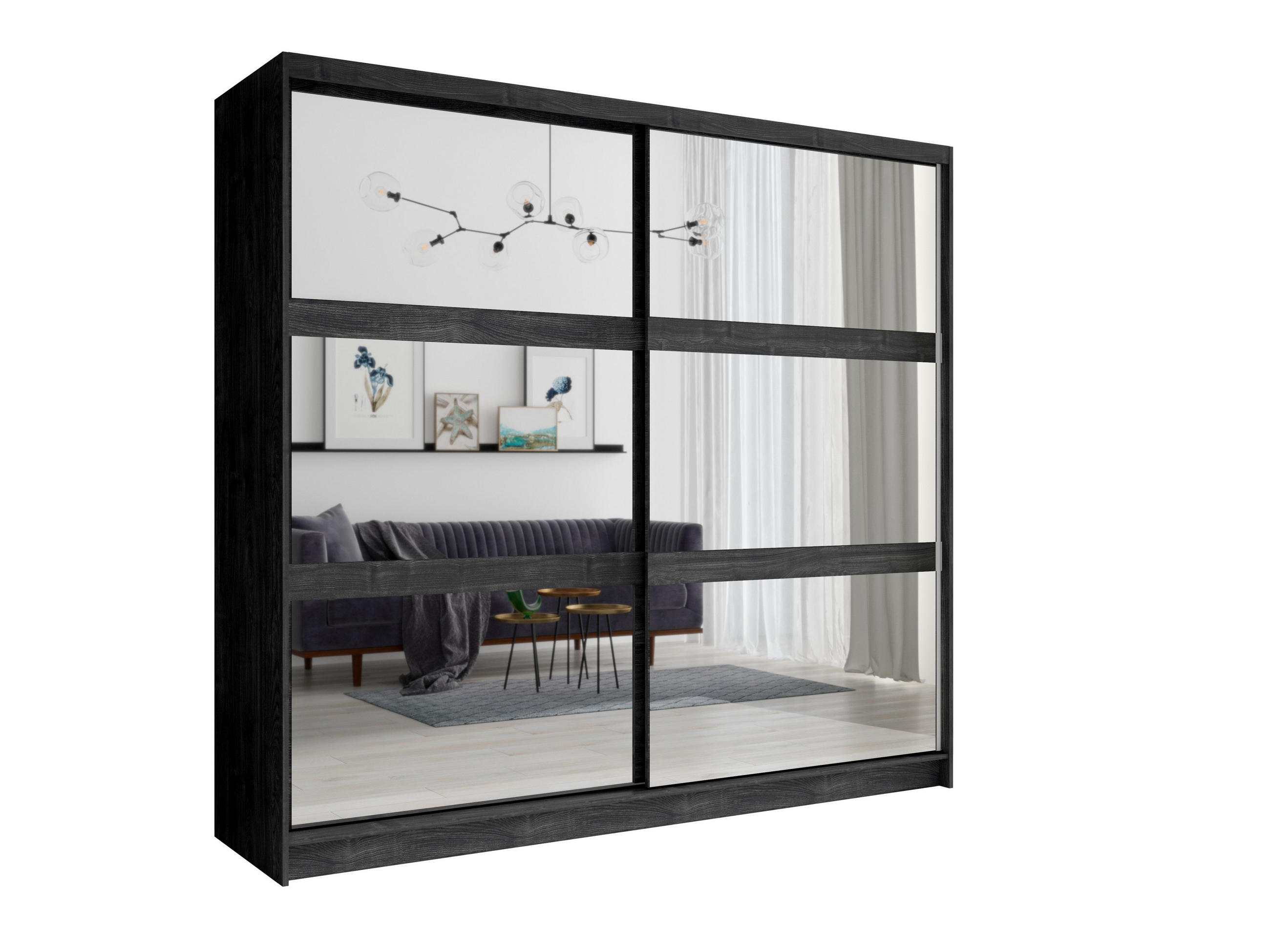 SCHIEBETÜRENSCHRANK TORVAN 12 - 230×215×62 cm 2 Türen mit Spiegel Portland Eiche - Schwarz, Holz/Holzwerkstoff (230/215/62cm) - Milaros Markt