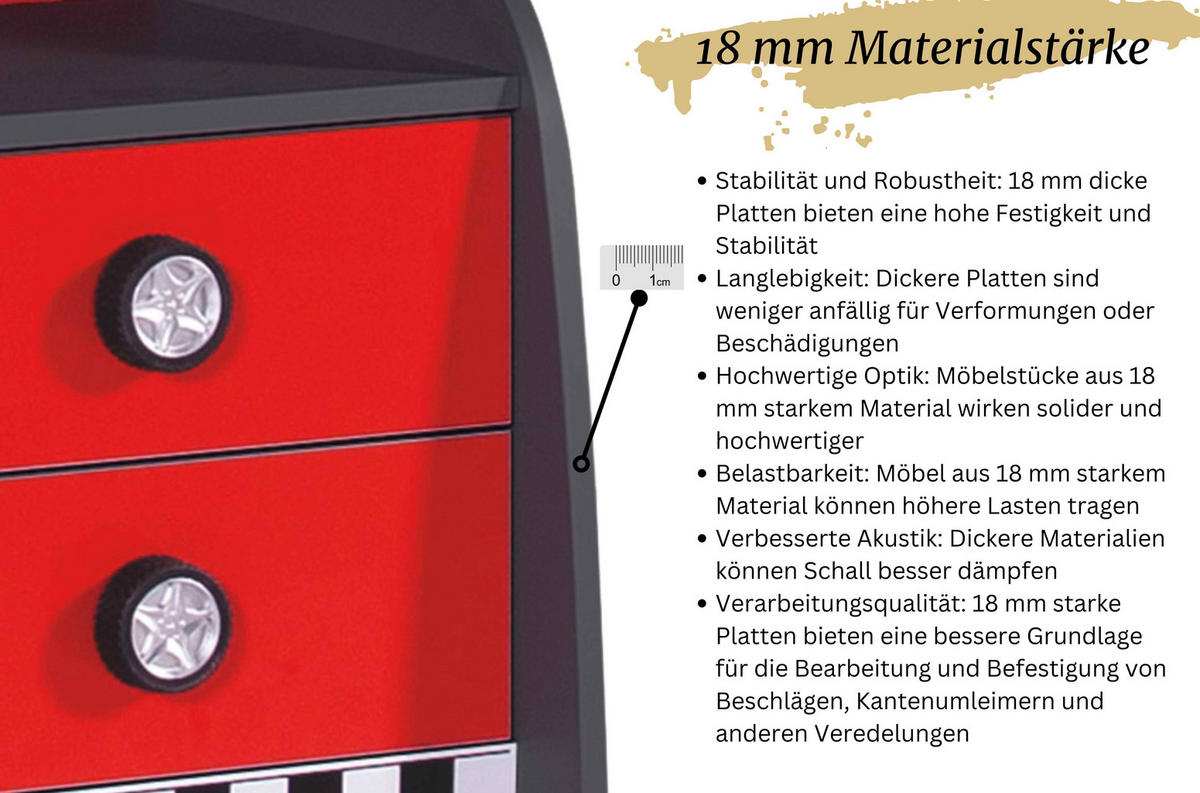KINDERZIMMER Rio Komplett Set mit Autobett 5-tlg. Rot - Rot/Schwarz, Holzwerkstoff/Kunststoff (128/200/64cm) - Aileenstore