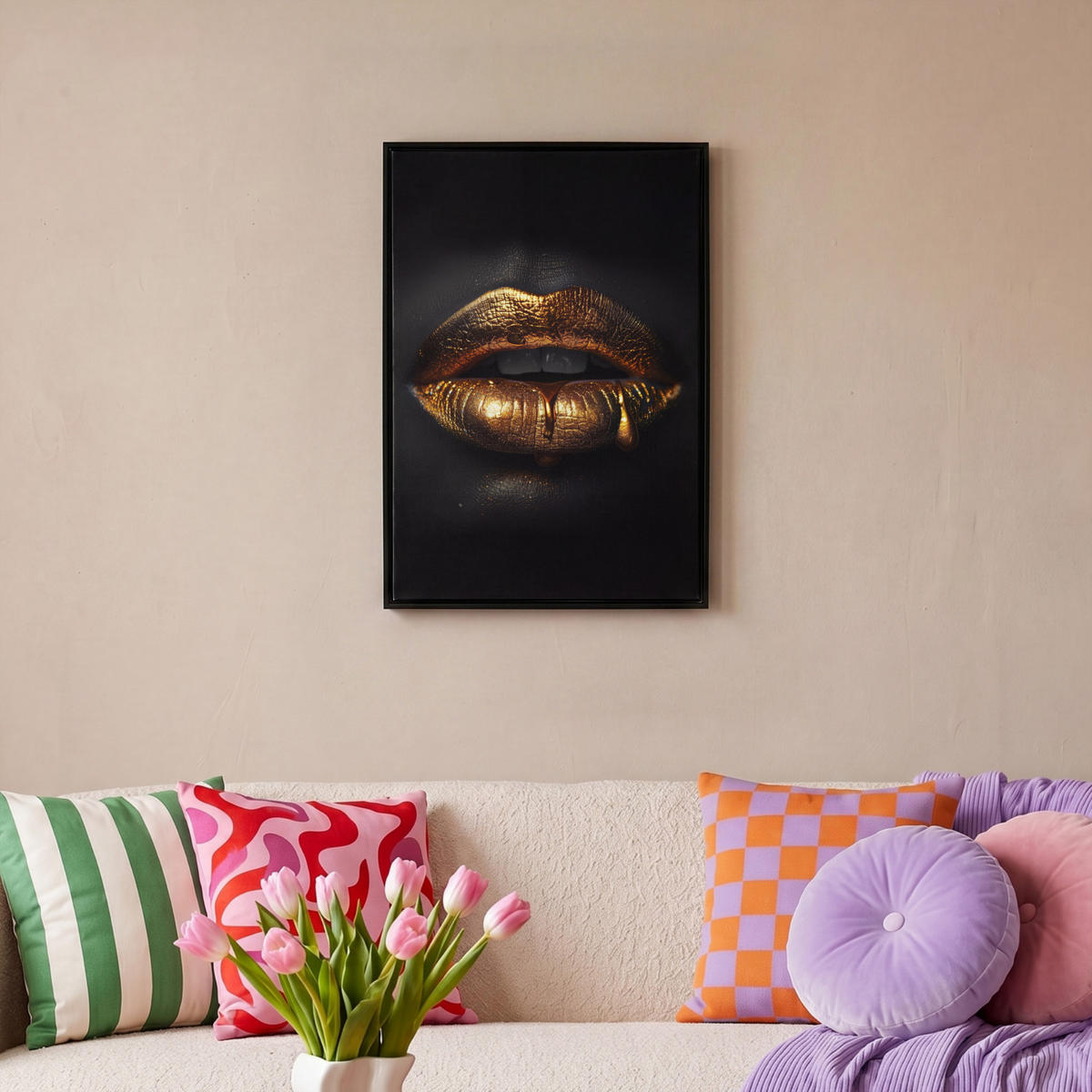 LEINWAND Bilder mit Rahmen - Frau - Porträt - Lippen - Gold - Schwarz - 40x60 - Schwarz, Textil (40/60cm) - MuchoWow