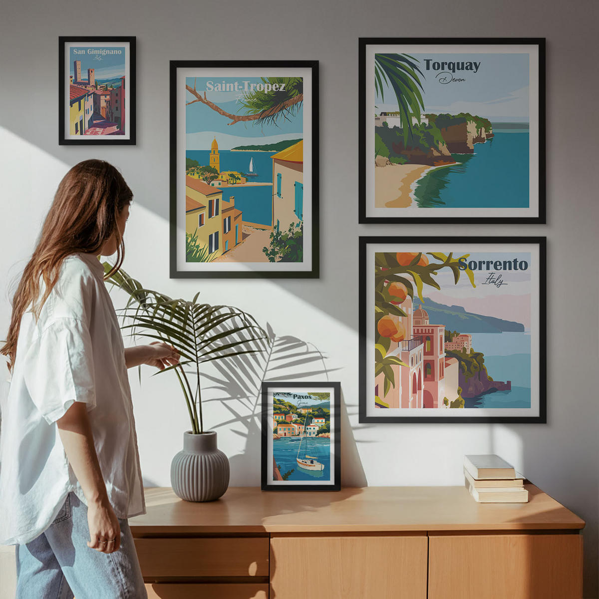 WANDBILDER 5er-Set - 50x50 cm & 20x30 cm & 40x60 cm Schwarzer Rahmen - Retro-Illustrationen von Weltstädten - Schwarz, Kunststoff (40/60cm) - ArtPrintCave