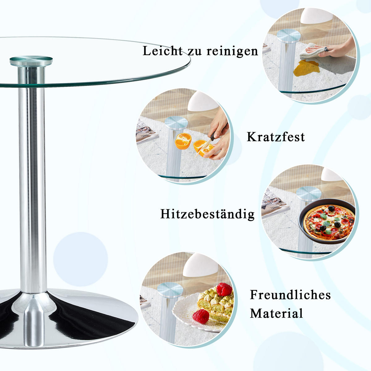 RUNDER Bartisch 85/85/76 cm mit Glasplatte und Metallgestell in Silber - Silberfarben, Glas (85/85/76cm) - BEAOK