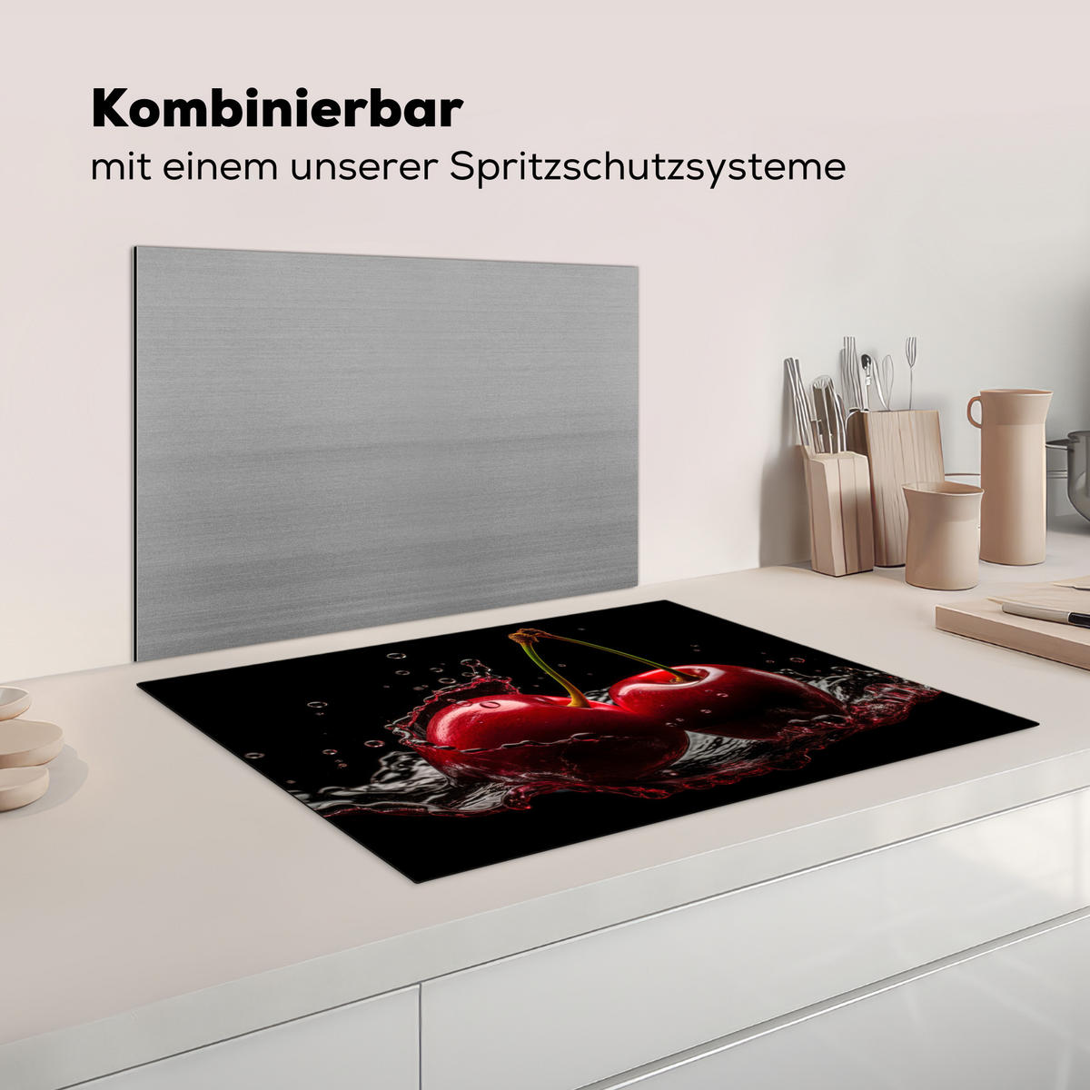 HERDABDECKPLATTE Kirsche - Rot - Frucht - Wasser - Schwarz 75x52 cm - Kirschrot, Kunststoff (75/52/0.2cm) - MuchoWow