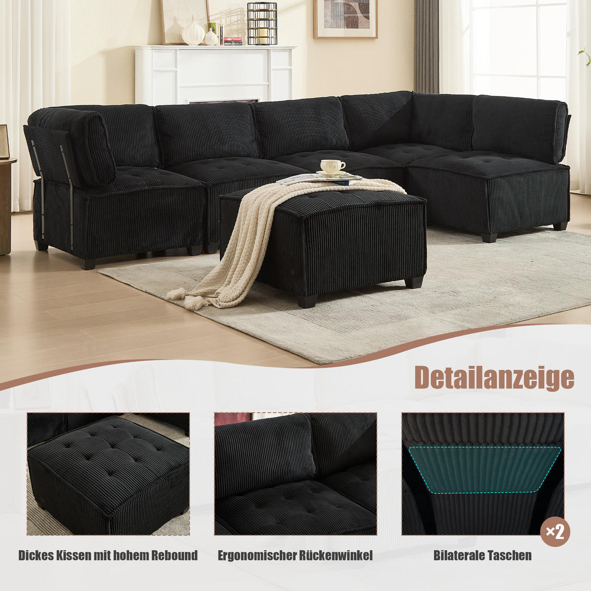 WOHNLANDSCHAFT Cord mit Seitentaschen 308/154/82 cm Schwarz - Schwarz, Kunststoff/Textil (154/82/308cm) - Redom