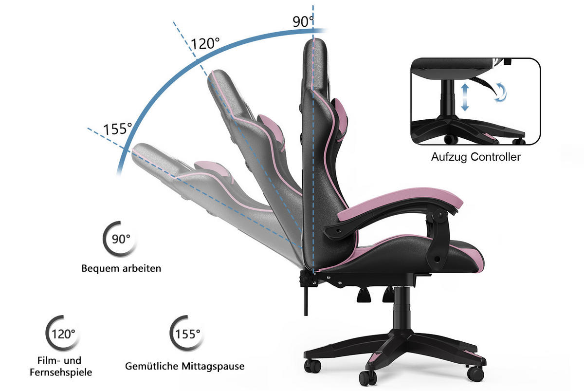 GAMING-STUHL ergonomisch, verstellbare Rückenlehne, Kissen – Schwarz/Pink - Pink, Leder (59/120/56cm) - Rattantree