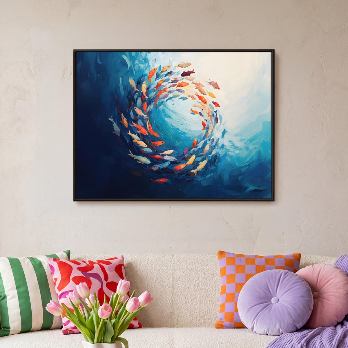 LEINWAND Bilder mit Rahmen - Meer - Fische - Bunt - Dynamisch - 80x60 - Hellblau, Textil (80/60cm) - MuchoWow