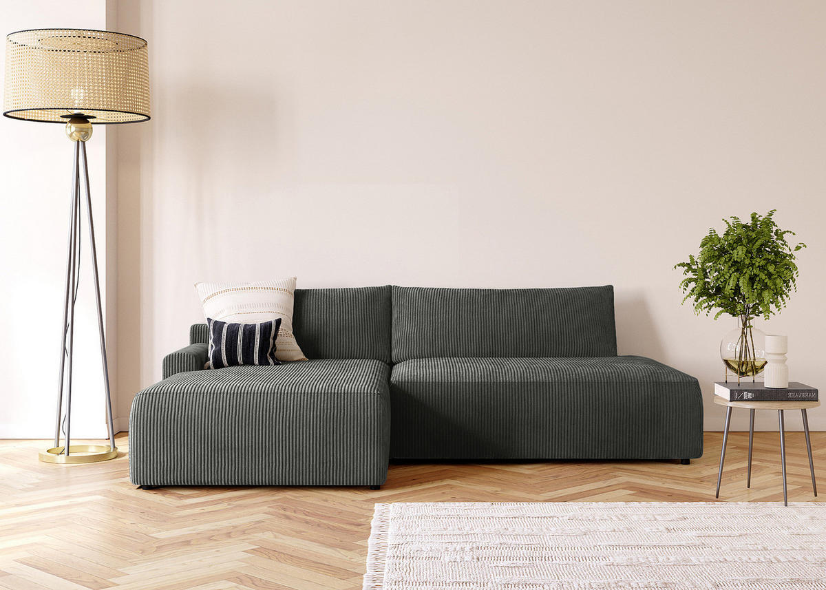ECKSOFA mit Schlaffunktion - Longchair - Dunkelgrau/Schwarz, Kunststoff/Textil (253/167cm) - home24