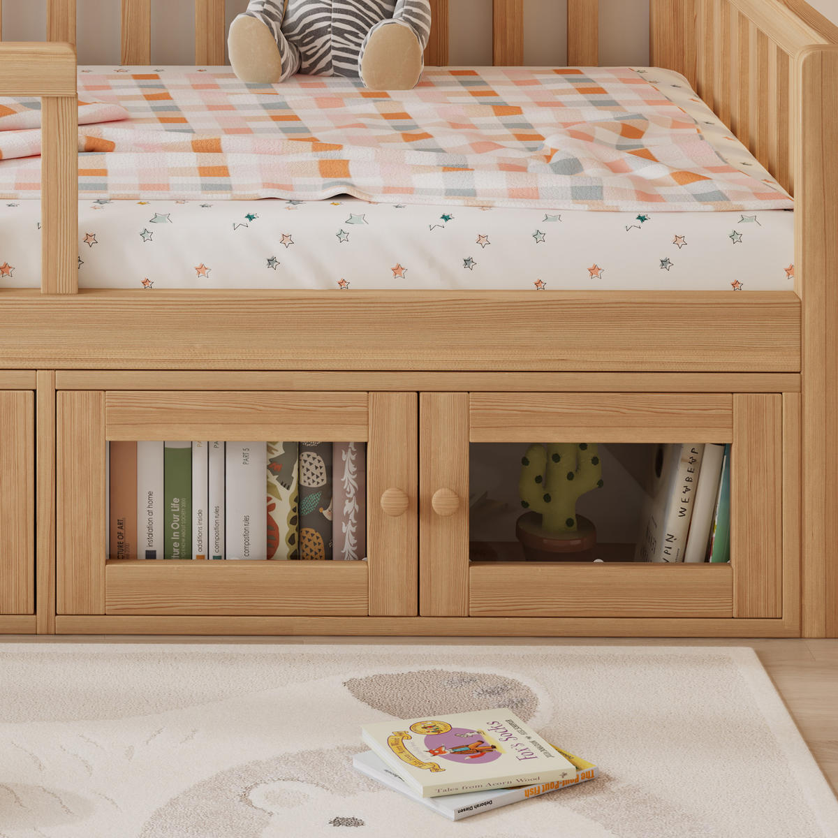 KINDERBETT 90/200 cm in Natur mit Schutzgeländer, Schublade und Schrank - Naturfarben, Holzwerkstoff (90/200cm) - STILVORA