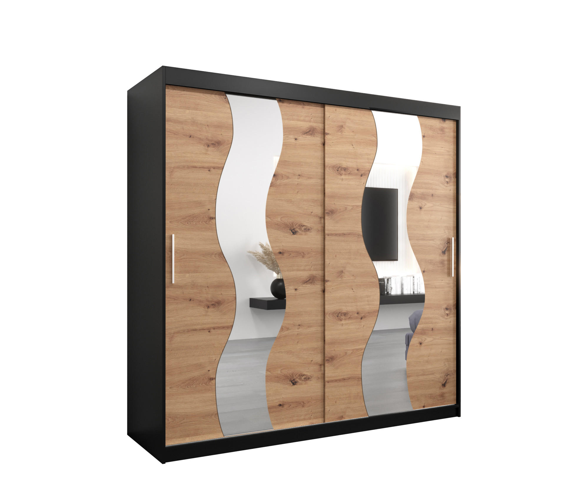 Abiks Möbel Schwebetürenschrank Schwarz, Eiche Artisan 200x200x62 cm