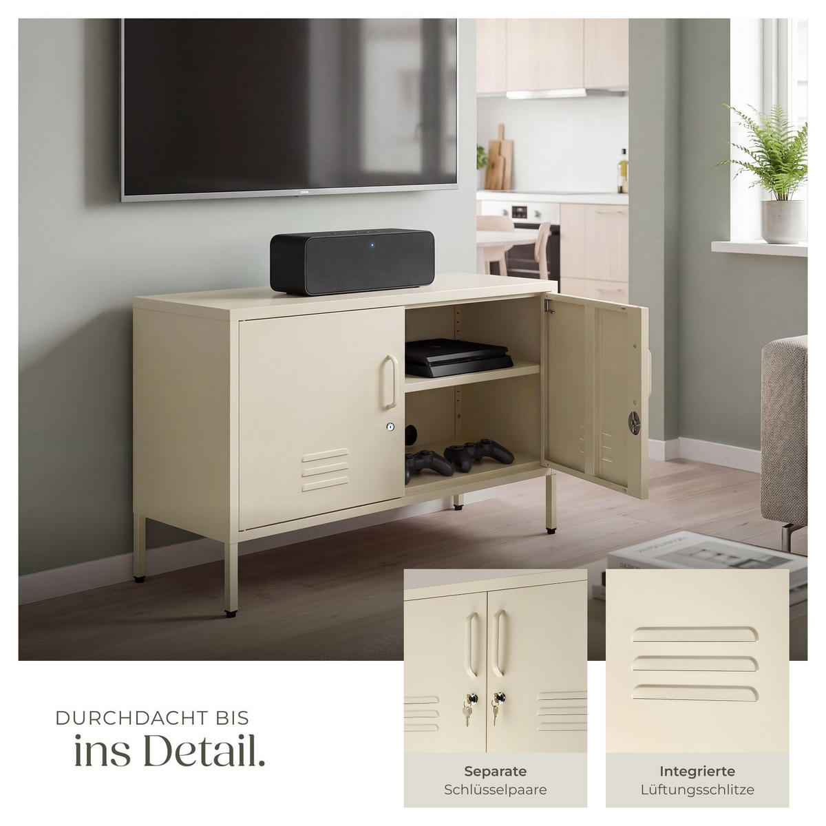 SIDEBOARD Baker, Kippschutz, höhenverstellbare Füße, creme - Creme, Metall (100/65/42.5cm) - tectake