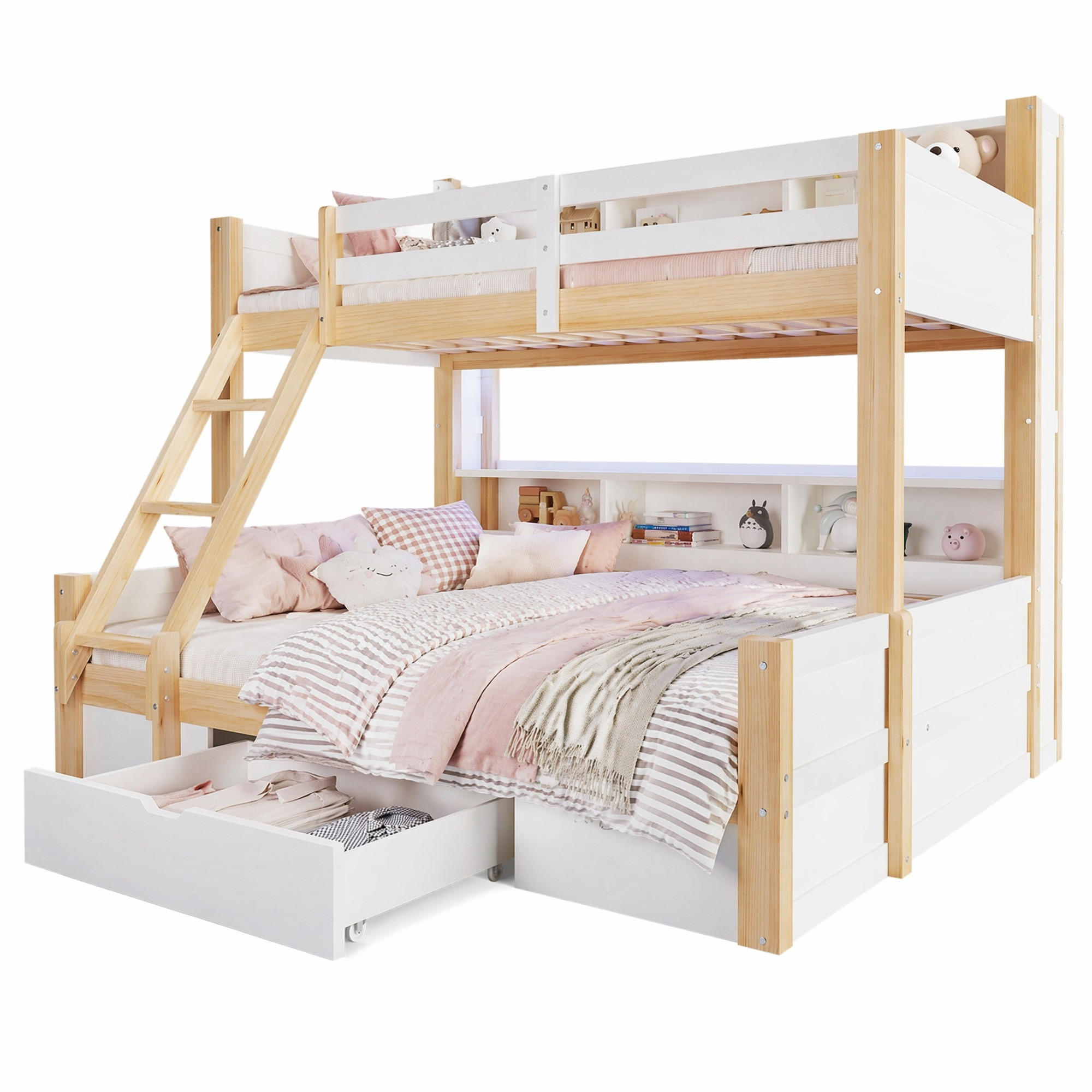 ETAGENBETT mit LED und Stauraum 90x200/140x200 cm Weiß/Natur - Wildeiche, Holz (140/200cm) - Meubliv