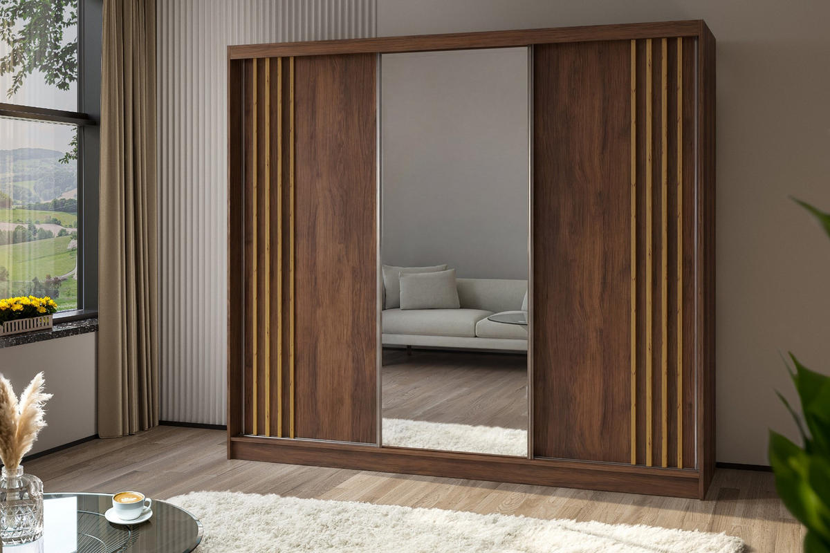 SCHWEBETÜRENSCHRANK Neli 240 cm mit Lamellen und Spiegel 3-türig, Nuss Warmia, Lamelle artisan - Dunkelbraun/Eiche Artisan, Kunststoff (240/216/61cm) - Margaret Hadas24