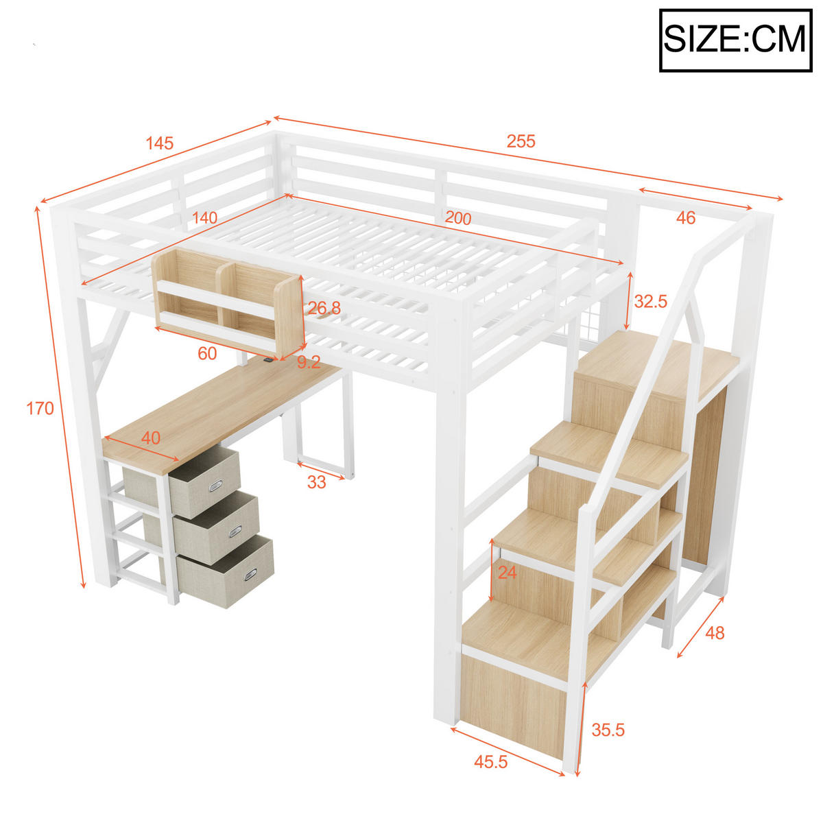 HOCHBETT 140/200 cm in Weiß mit Schreibtisch, 3 Schubladen, Stauraum und Kleiderschrank aus MDF und Metall - Weiß, Holzwerkstoff/Metall (140/200cm) - STILVORA