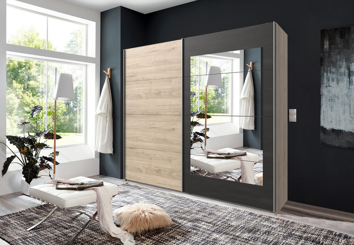 SCHWEBETÜRENSCHRANK 2-türig B225/H208/T65 cm in Eichen-Dekor mit Absetzungen in grauer Stahl-Optik / 22002 - Eichefarben/Alufarben, Holzwerkstoff/Metall (225/208/65cm) - luma-home